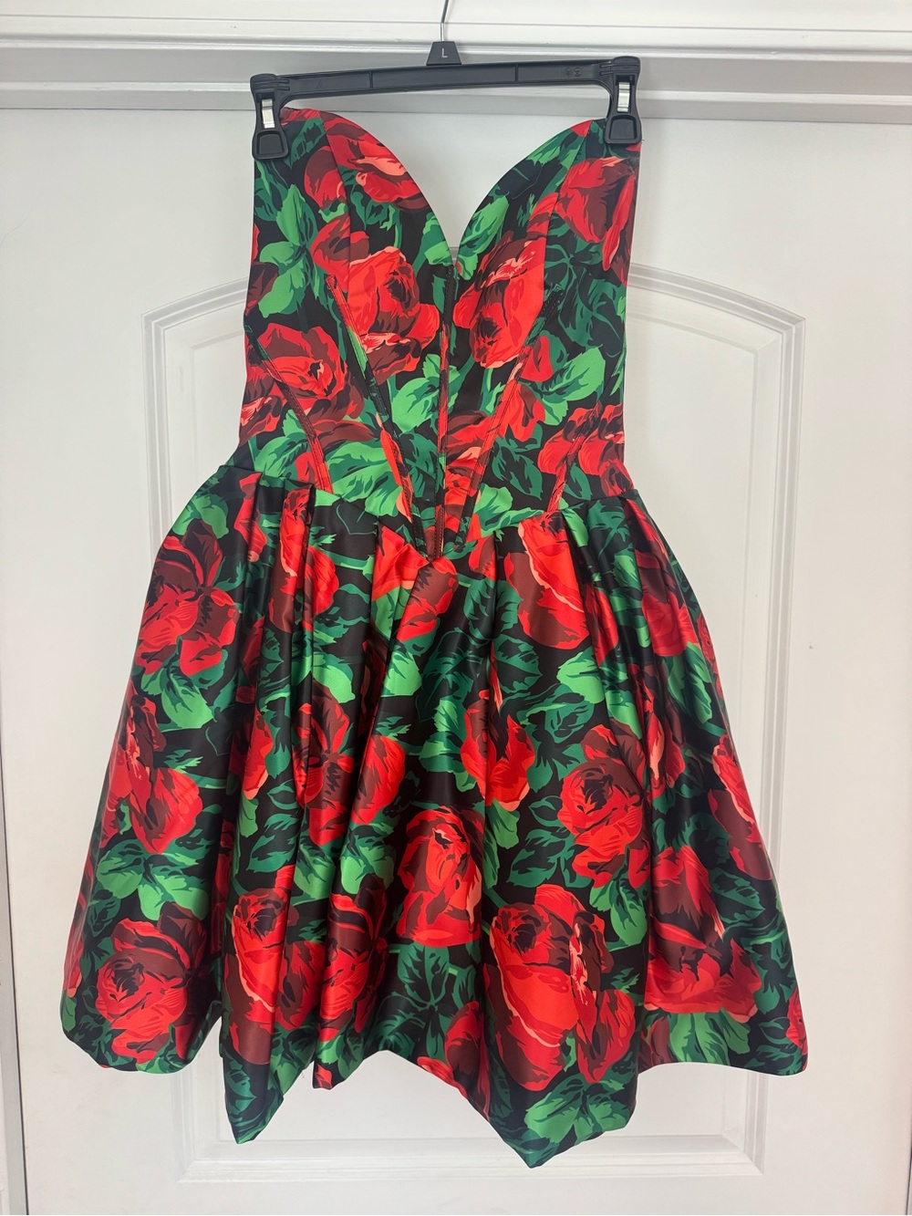 Sherri Hill Black Strapless Dress with Red Rose & Green Leaf Print